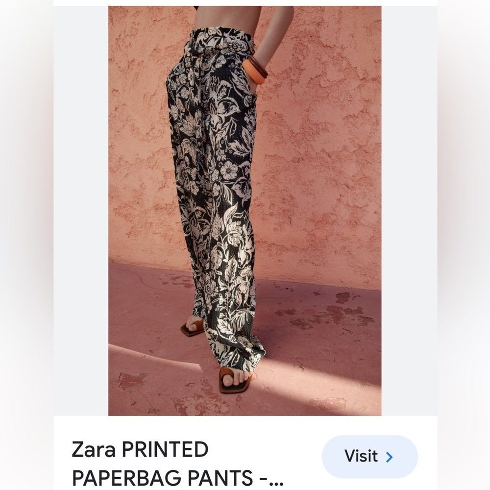 50%off w❤️ Zara Printed paper bag Floral pants wide leg zipper belted NWOT